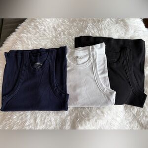 Easy Standard Rib Fitted Racerback Tank Bundle – Set of 3. Black, navy, white.